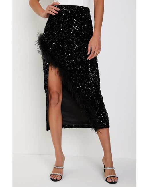 Lulus Black Luminous Aura Sequin Feather High-Rise Tulip Midi Skirt