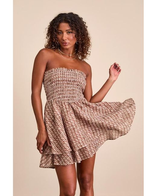 Lulus Brown Carson Geometric Print Smocked Mini Dress