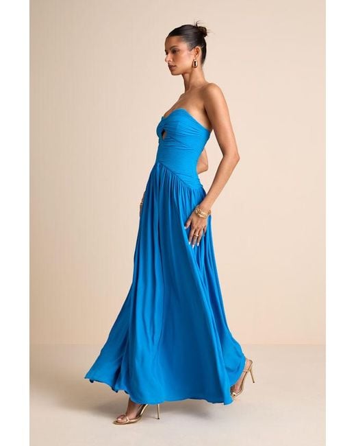 Lulus Rozala Bright Pleated Strapless Maxi Dress in Blue | Lyst