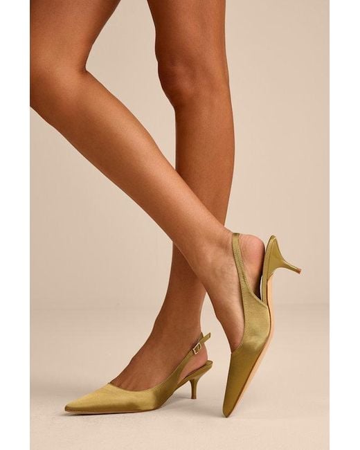 Lulus Green Agnesca Satin Slingback Kitten Heel Pumps