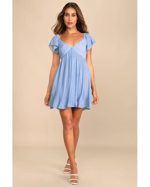 Lulus Blue Amalfi Coast Pleated Flutter Sleeve Mini Dress