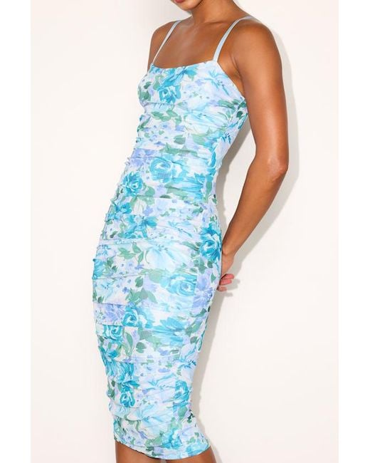 Lulus Blue Date Night Beauty Floral Print Mesh Ruched Midi Dress