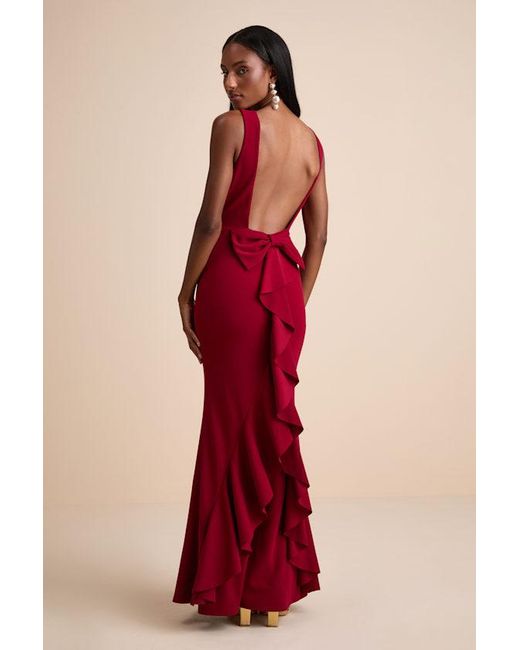 Lulus Red Exquisite Refinement Backless Bow Ruffled Maxi Dress