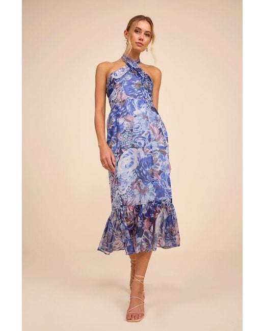 Lulus Blue Juno Multi Floral Halter Trumpet Midi Dress