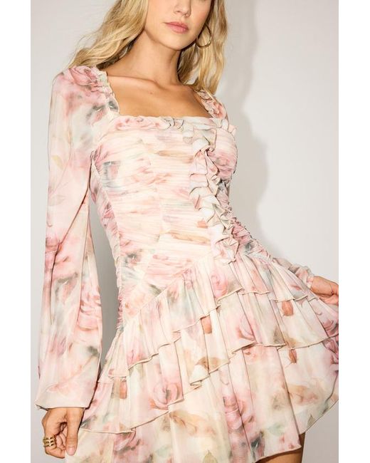 Lulus Natural Francie Abstract Print Mesh Tiered Mini Dress