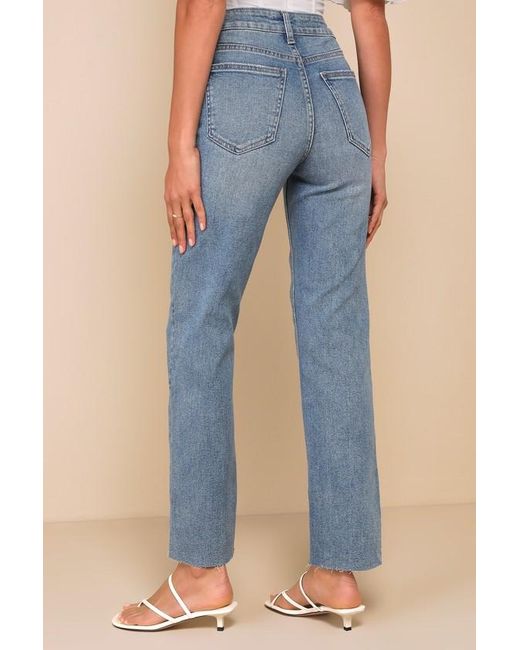 Lulus Blue Enviable Aura Medium Wash High-Rise Raw Hem Straight Leg Jeans