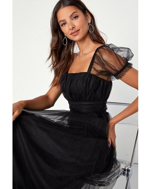 Lulus Black Flawless Aura Tulle Puff Sleeve Ruffled Midi Dress