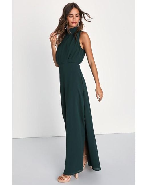 Lulus Blue Classic Elegance Emerald Chiffon Sleeveless Mock Neck Maxi Dress