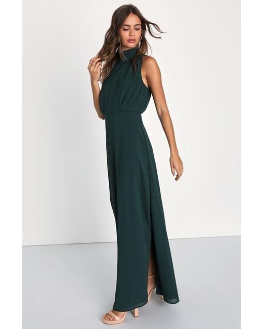 Lulus Blue Classic Elegance Emerald Chiffon Sleeveless Mock Neck Maxi Dress