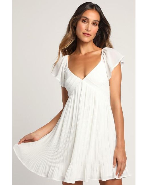 Lulus White Amalfi Coast Pleated Flutter Sleeve Mini Dress