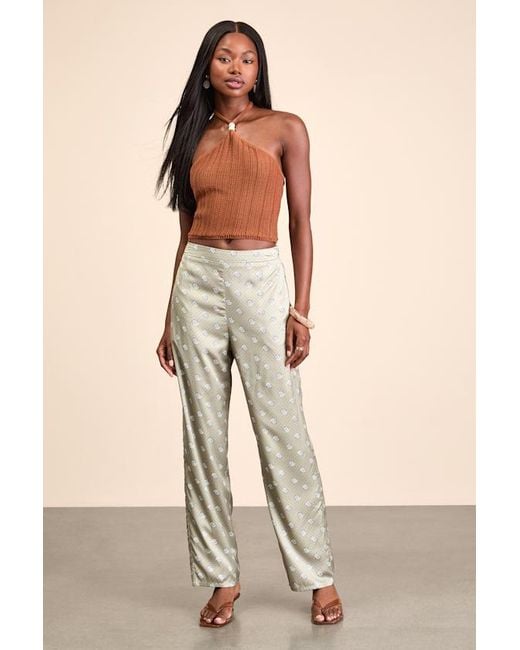 Lulus Natural Kiora Sage Boho Print Satin Straight Leg Pants
