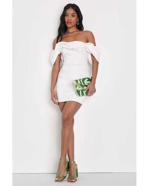 Lulus White Fanciful Feat Taffeta Off-The-Shoulder Bodycon Mini Dress