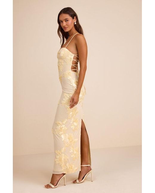 Lulus Natural Nantessa Floral Applique Lace-Up Maxi Dress