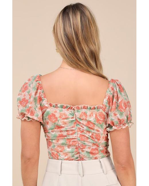Lulus Orange Vibrant Flirt Floral Mesh Puff Sleeve Ruched Bodysuit