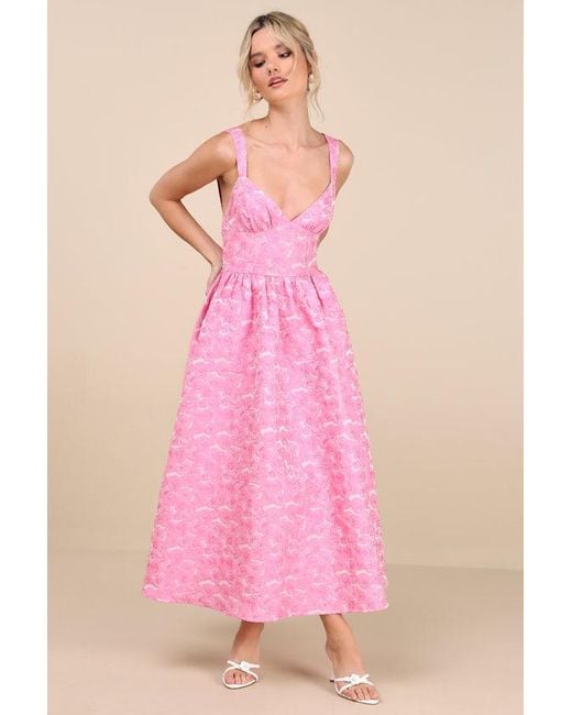 Lulus Pink Rudra Floral Jacquard A-Line Backless Midi Dress