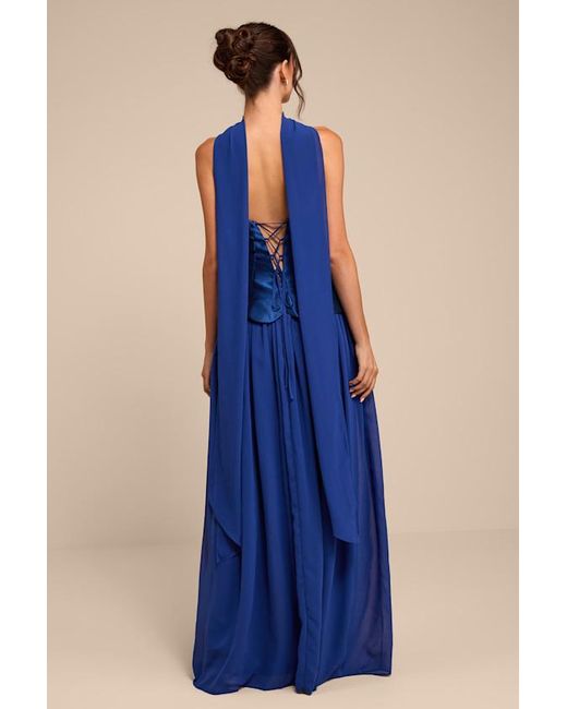 Lulus Blue Kadence Mixed Media Maxi Dress And Scarf Set