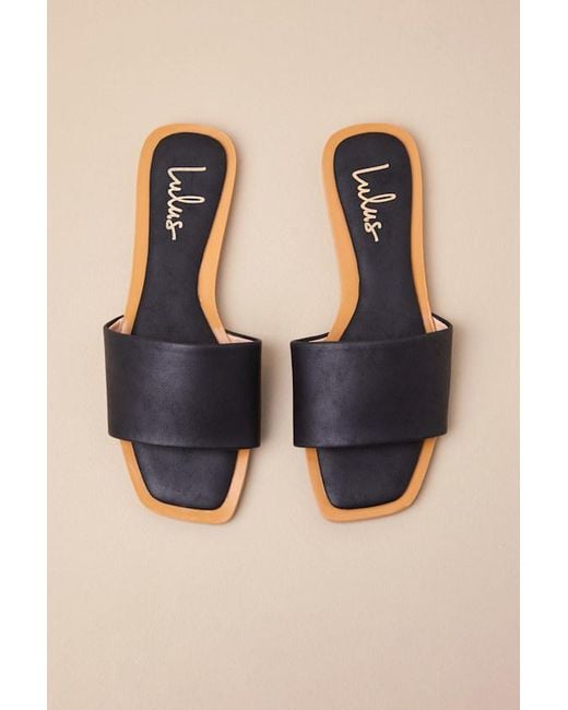 Lulus Black Brenner Flat Square-Toe Slide Sandals