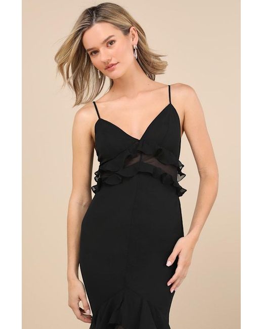 Rare London Black Pavani Sheer Chiffon Ruffled High-Low Midi Dress