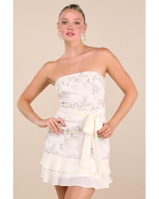 Lulus Natural Vallea Cream Floral Embroidered Strapless Mini Dress