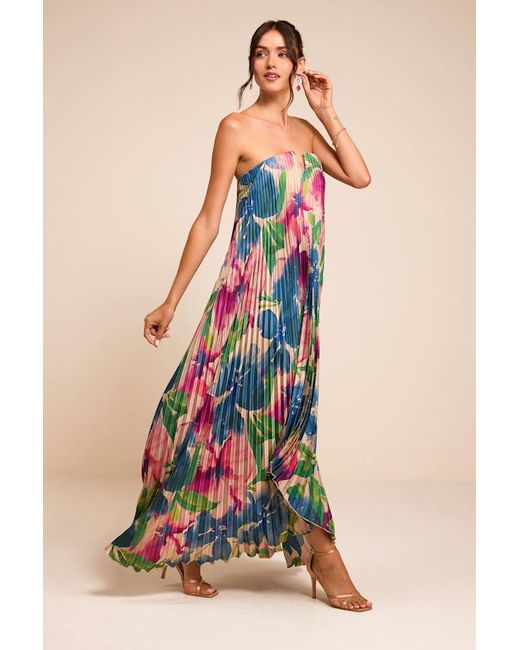 Lulus Blue Daylen Blush Multi Floral Satin Shift Maxi Dress