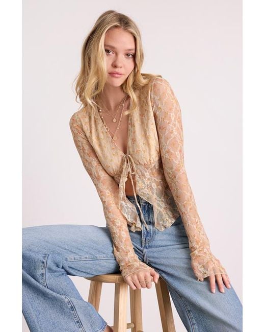 Lulus Blue Netta Floral Lace Tie-Front Long Sleeve Top