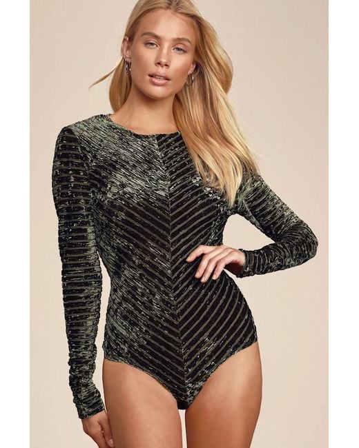 Lulus Green Save The Date Velvet Striped Long Sleeve Bodysuit