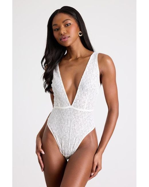 Lulus White Lumini Lace Rhinestone Sleeveless Plunge Bodysuit
