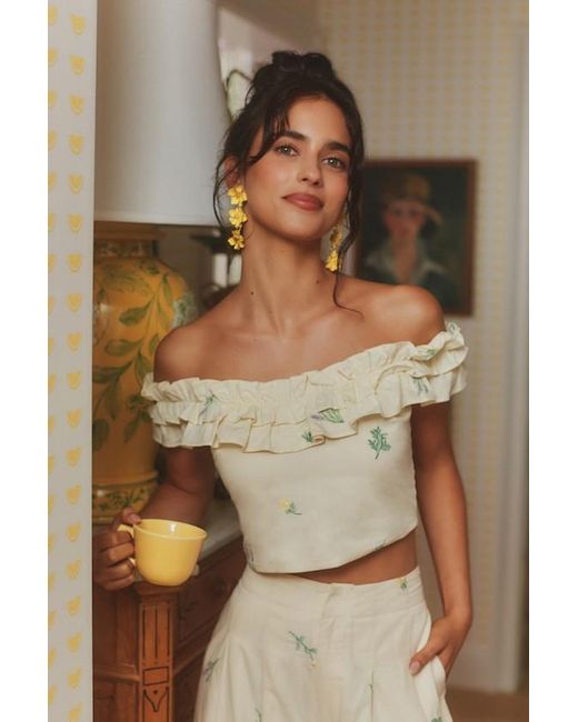 Lulus Natural Rowena Cream Embroidered Ruffled Crop Top