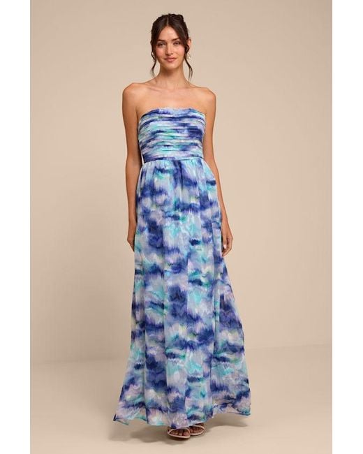 Lulus Blue Mykala Abstract Pleated Strapless Maxi Dress