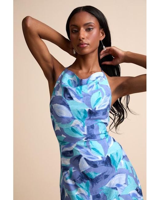 Lulus Blue Valdria Abstract Cowl Halter Midi Dress