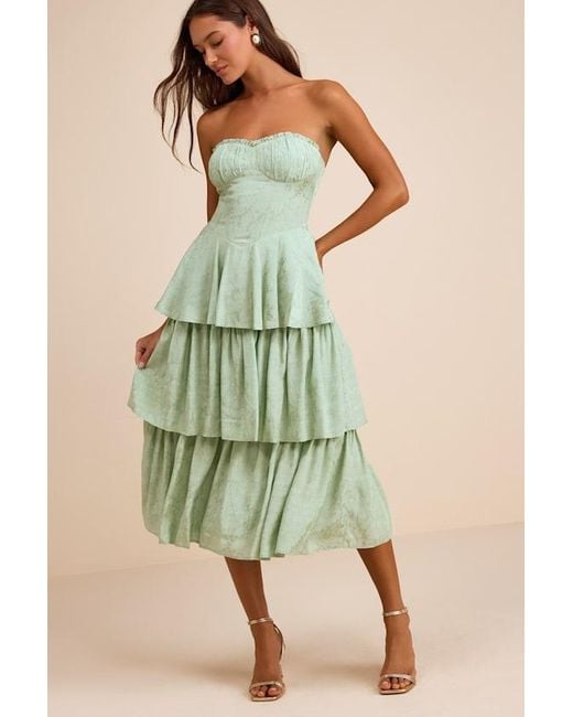 Lulus Beverly Jacquard Tiered Midi Dress in Green | Lyst Lulus Beverly Jacquard Tiered Midi Dress in Green | Lyst