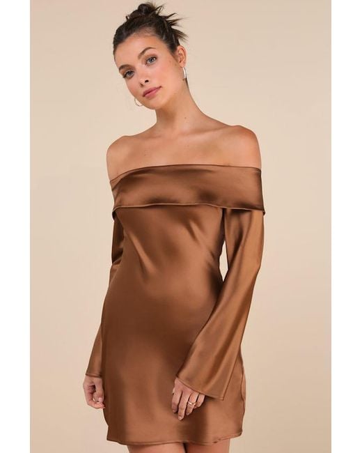 Lulus Brown Luxurious Vision Satin Off-The-Shoulder Mini Dress