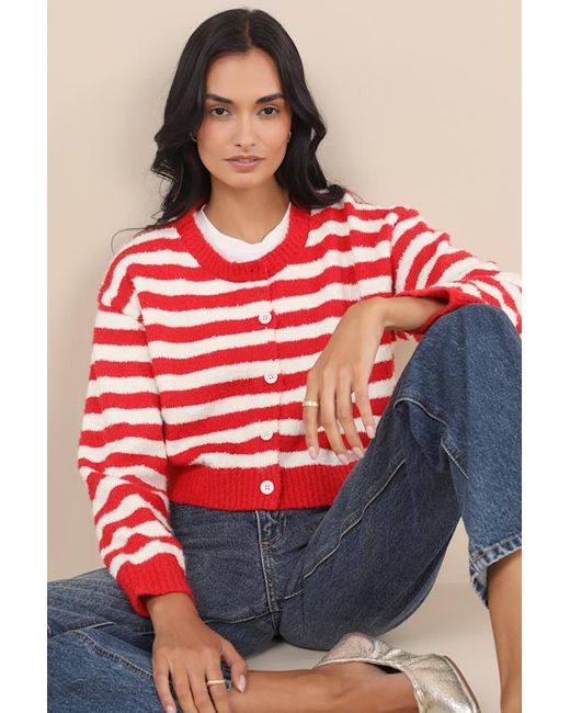 Lulus Red Cutest And Coziest And Striped Crew Neck Cardigan