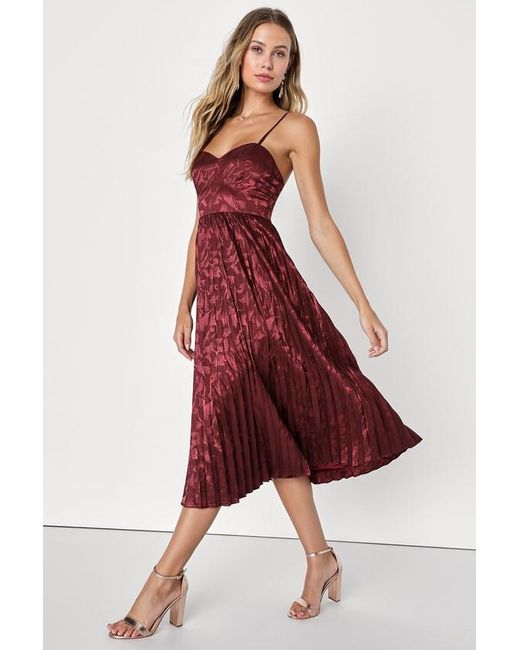 Lulus Red Chic Sensibility Satin Jacquard Pleated Midi Dress