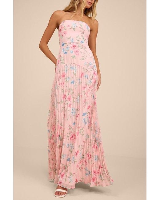 Lulus Pink Celebratory Aesthetic Floral Pleated Strapless Maxi Dress