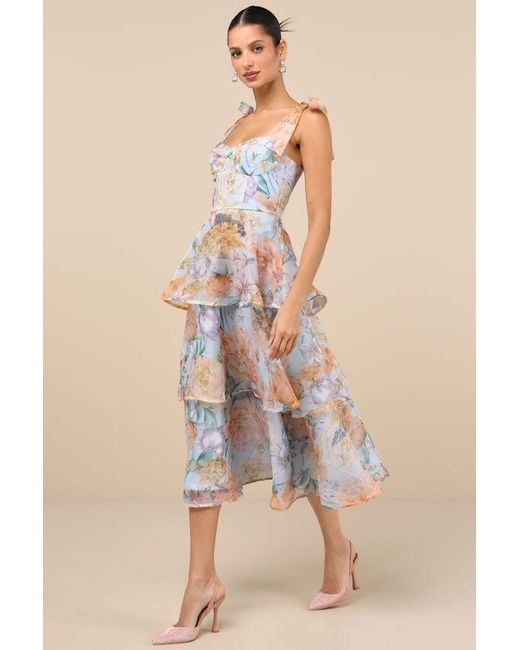 Lulus Natural Playfully Posh Floral Organza Tie-Strap Tiered Midi Dress