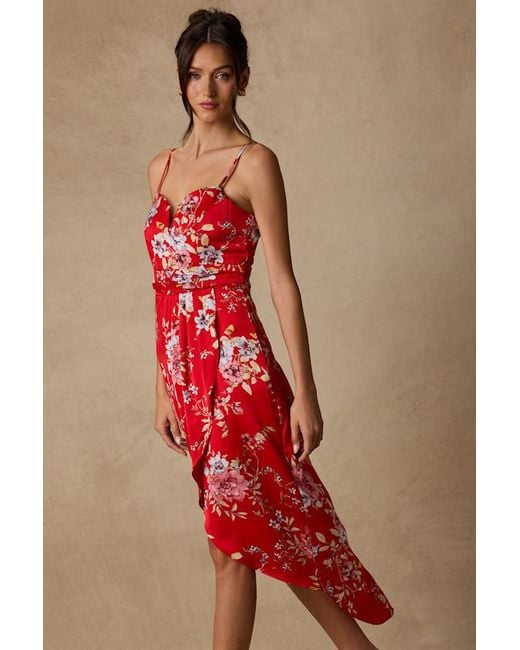 Lulus Red My Favorite Day Floral Print Tulip Skirt Midi Dress
