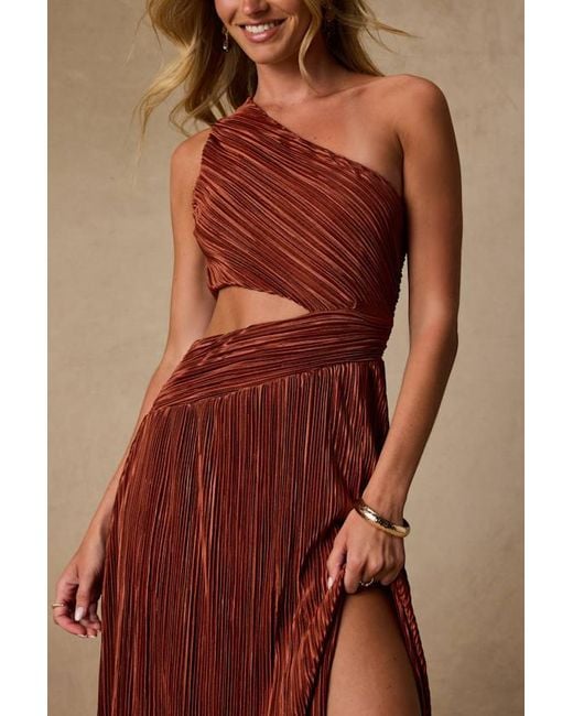 Lulus Orange Rocca Rust Plisse Pleated Cutout One-Shoulder Maxi Dress