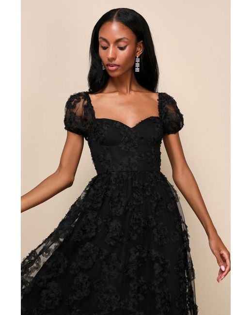 Lulus Black Notable Elegance Mesh Floral Applique Bustier Midi Dress