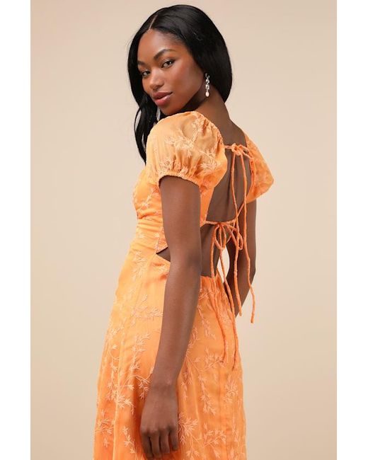 Lulus Orange Blossoming With Charm Embroidered Tie-Back Midi Dress