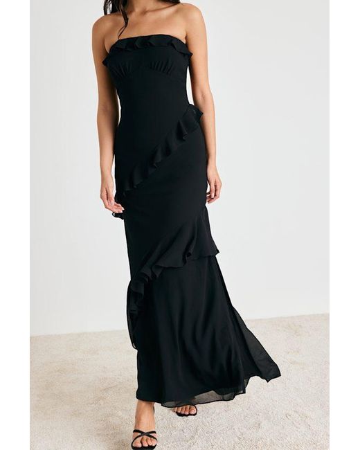 Lulus Black Dramatic Allure Ruffled Cutout Strapless Maxi Dress