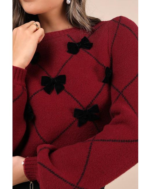 Lulus Red Holiday Darling Argyle Balloon Sleeve Bow Sweater