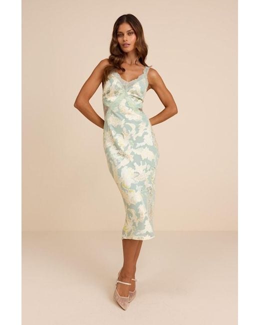 Lulus Natural Mariposa Sage Floral Satin Lace Slip Midi Dress