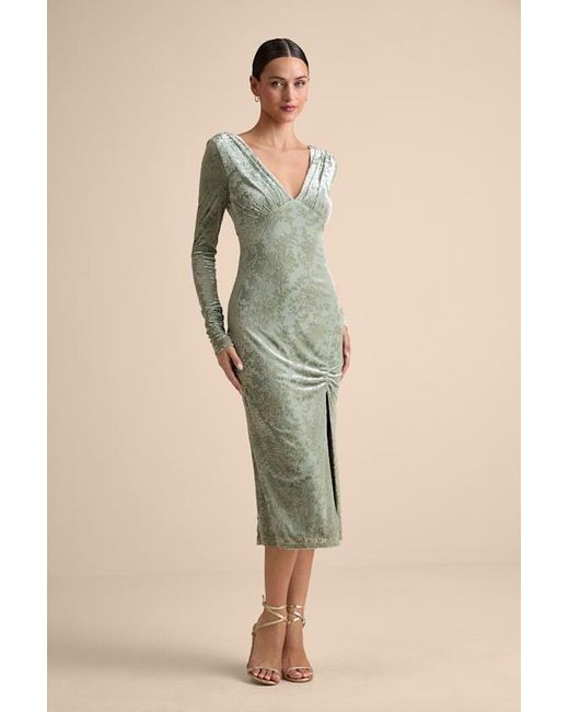 Lulus Natural Valerie Sage Velvet Burnout Bodycon Midi Dress