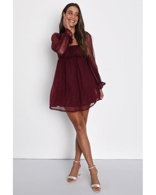 Lulus Red Dreamy Sweetness Swiss Dot Ruffled Mini Babydoll Dress