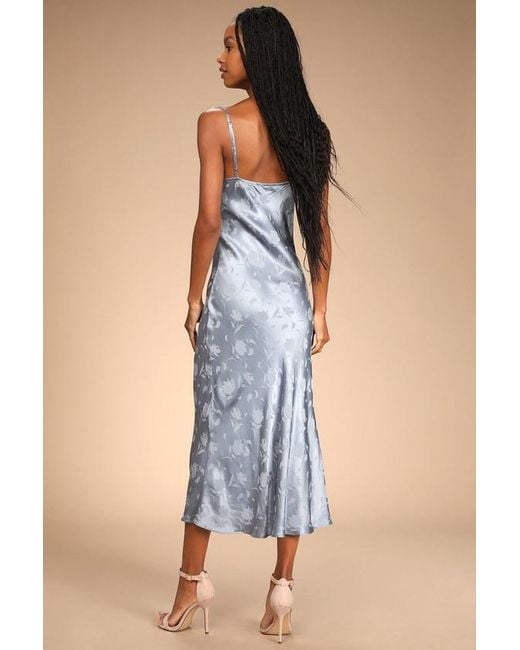 Lulus Blue All About You Slate Floral Jacquard Satin Midi Dress