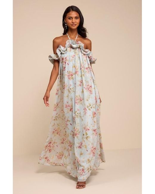 Lulus Natural Amia Floral Ruffled Shift Maxi Dress