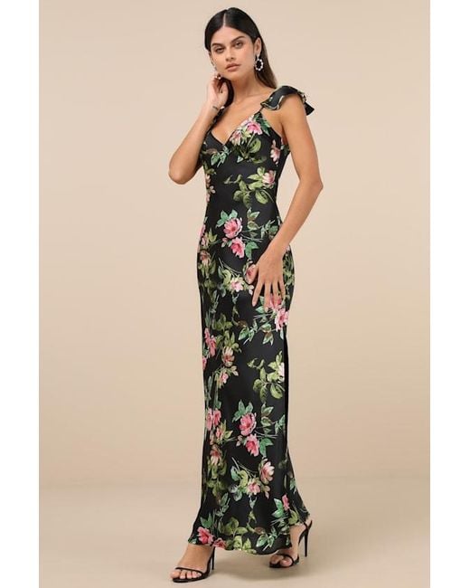 Lulus Natural Captivating Grace Floral Satin Ruffled Maxi Dress
