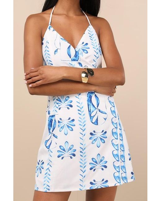 Lulus Blue Prue Ivory And Tile Print Halter Mini Dress