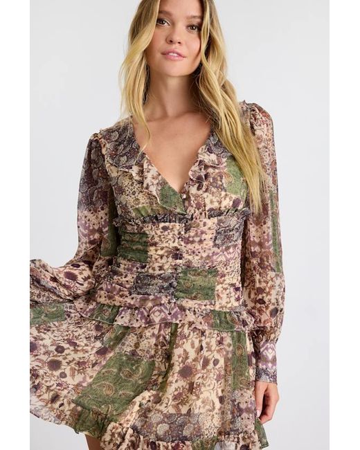 Lulus Brown Ismini Multi Patchwork Long Sleeve Mini Dress